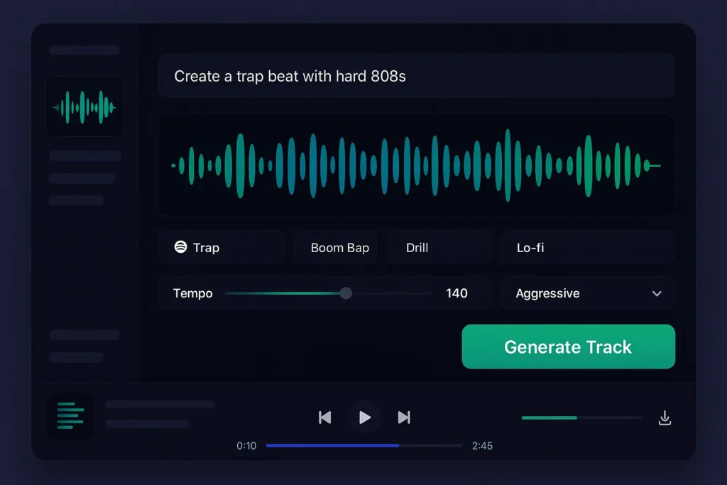Musicful AI interface showing track generation controls with waveform visualization and genre selection options