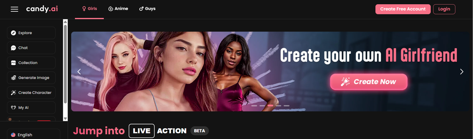 candy ai premium interface showing token system and chat dashboard