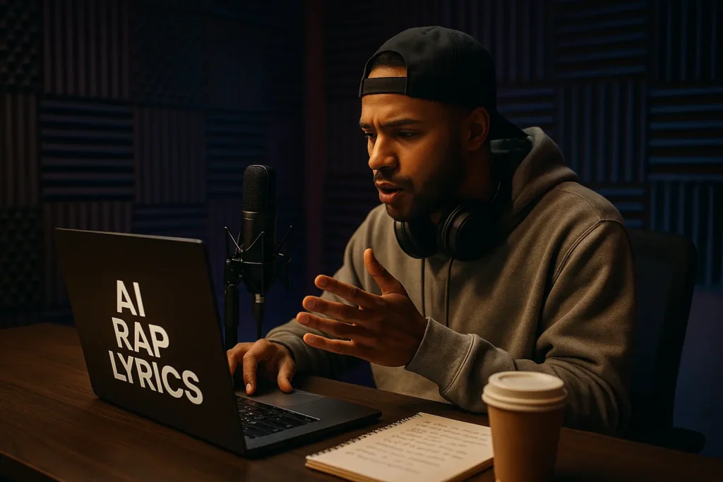 Hip-hop artist using AI rap lyrics generator on laptop in professional recording studio with microphone and LED lighting