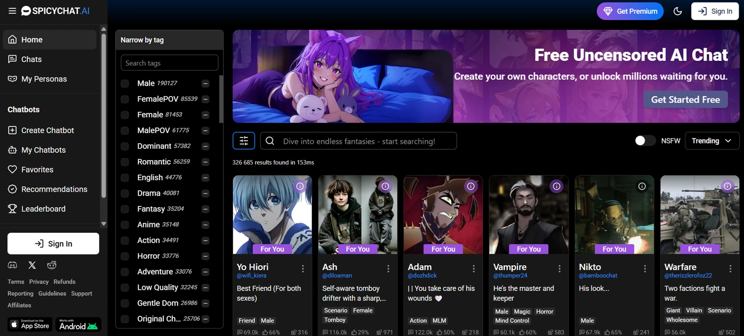 spicychat interface showing character selection sidebar and ai chat conversation window