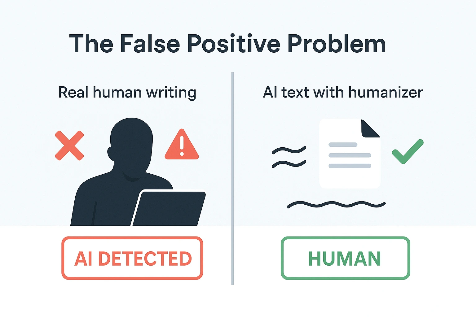 Infographic showing AI detector paradox with genuine human writing flagged as AI on left while AI humanized text passes detection on right