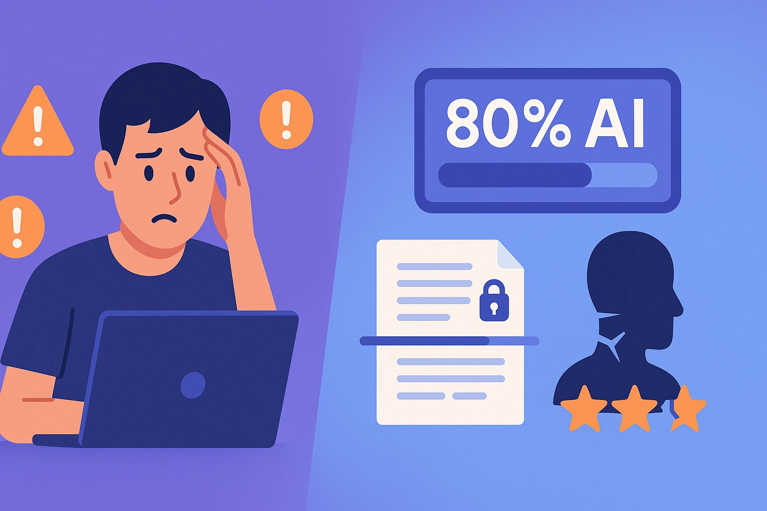 Catastrophic AI Risks: Worried laptop user beside icons of AI detector score, scanned documents and reputation risk on a purple-blue gradient.