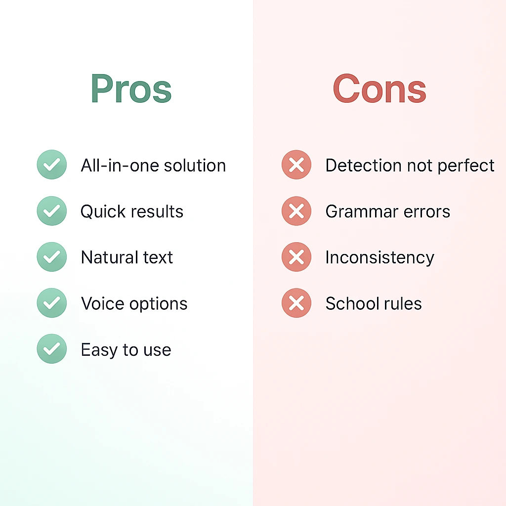 Split comparison infographic showing Undetectable AI strengths on green background versus limitations on coral background with icons and bullet points