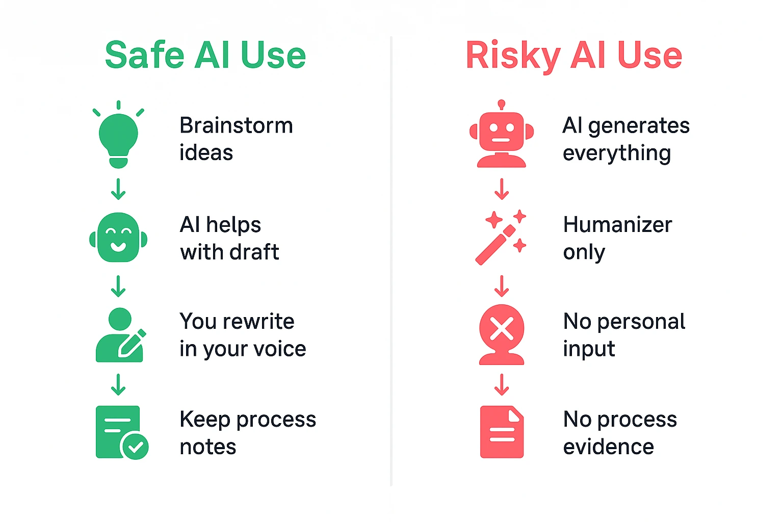 Comparison chart showing safe AI workflow with brainstorming personal editing and transparency versus risky workflow relying only on AI generation and humanizer tools