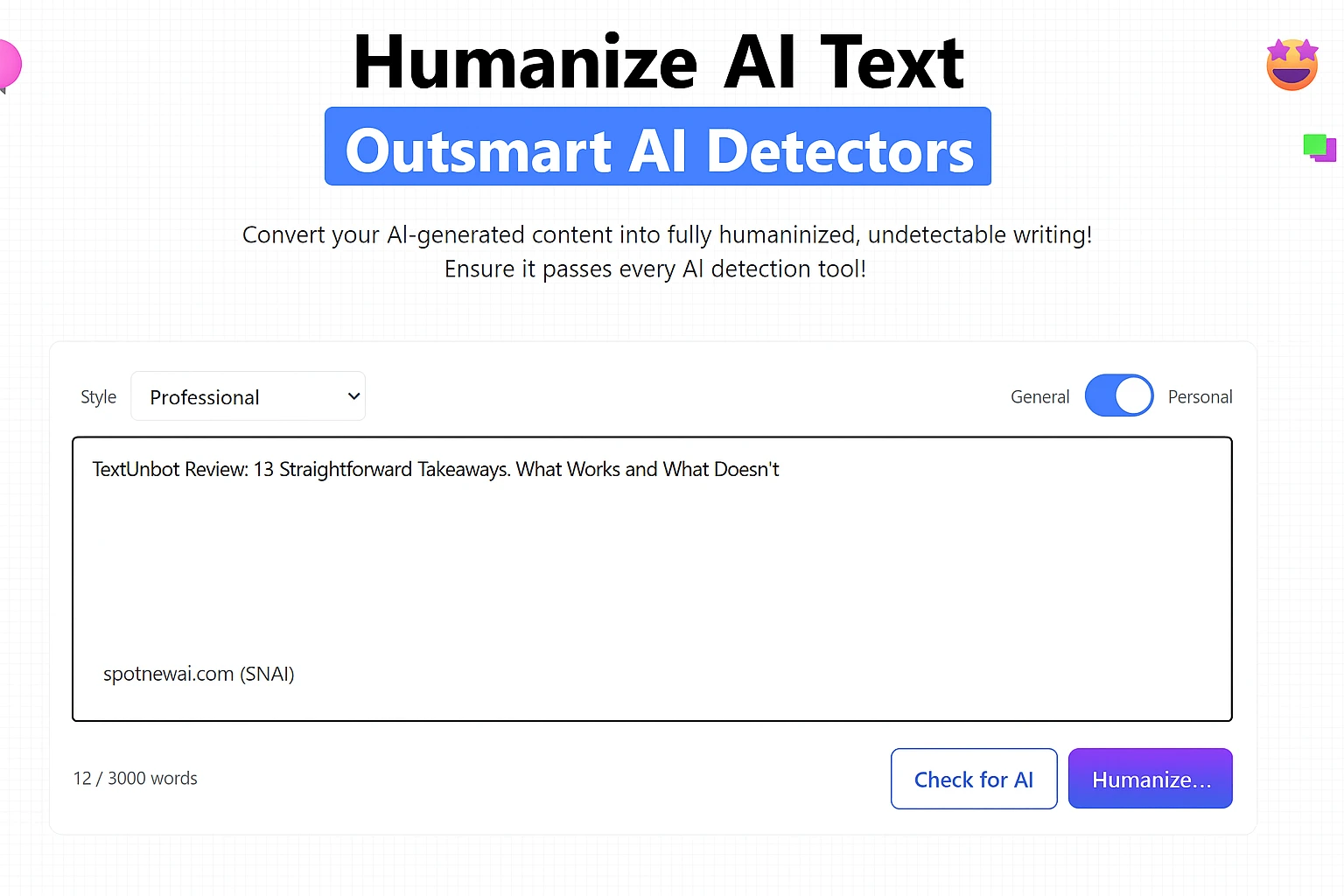 TextUnbot dashboard interface showing the humanizer in action