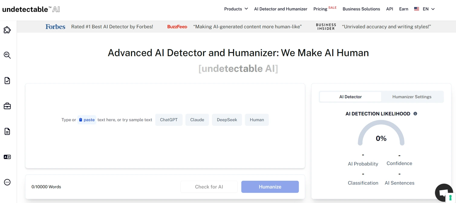 Undetectable AI dashboard interface showing dual-panel layout with AI detection scanner on left displaying percentage score and humanization editor on right with text comparison