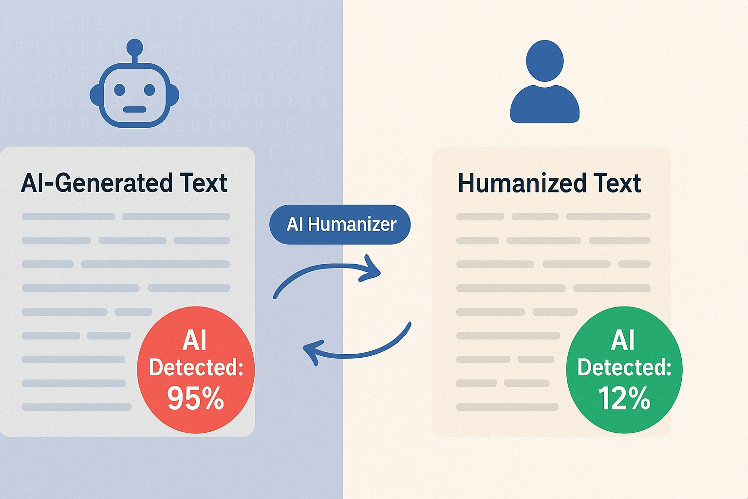 AI text humanizer comparison showing original AI text versus humanized output with detection scores