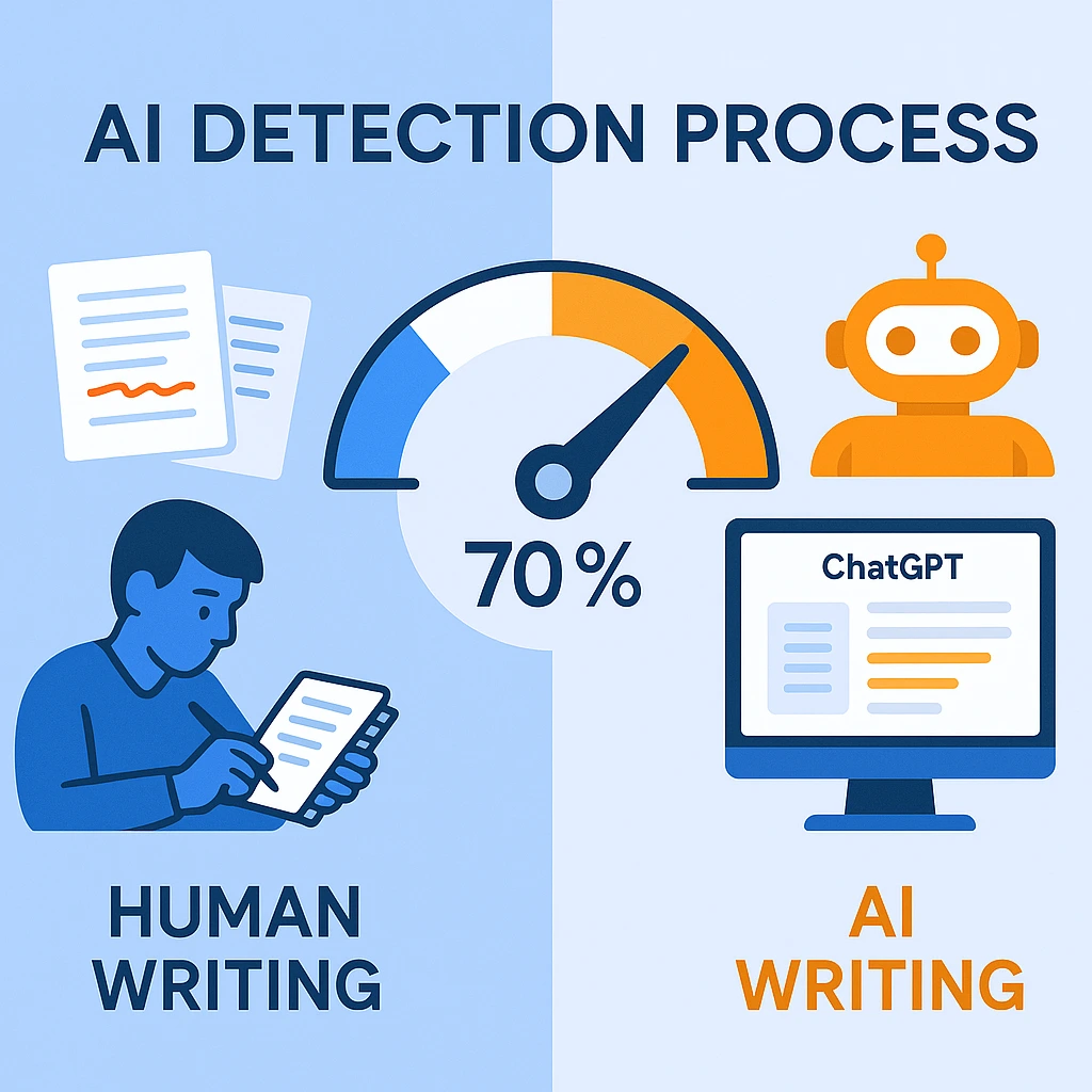 Comparison infographic showing human writing process versus AI-generated content detection by Turnitin