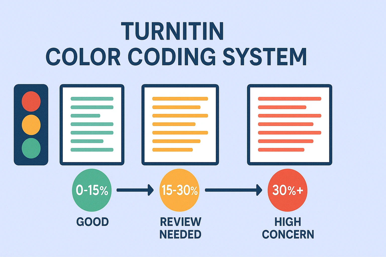 Visual guide to Turnitin's color-coded similarity scores showing green, yellow, and red percentage ranges